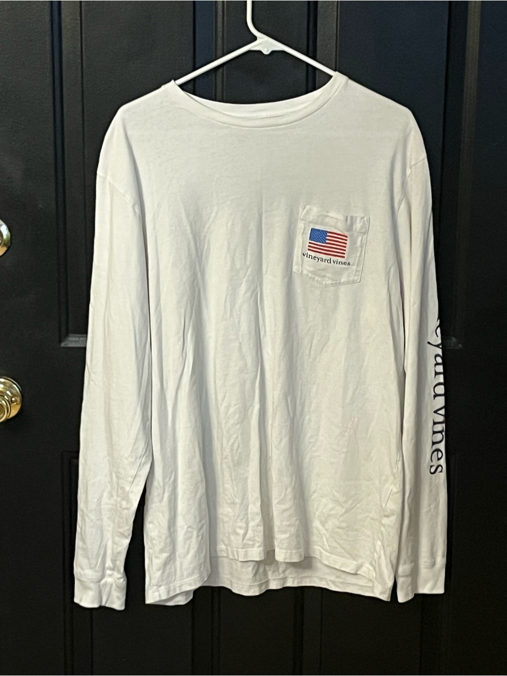 Vineyard Vines White Long Sleeve Pocket Tee with Flag Pocket